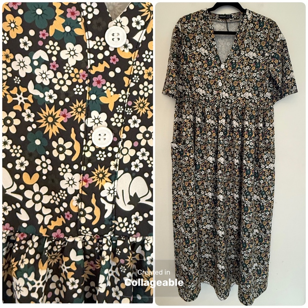 ✅ Noracora medium Vibrant Floral V-Neck Maxi Dress ditsy daisy flowers pockets